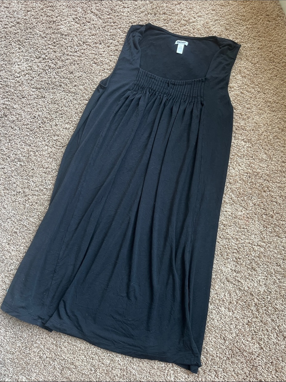 DKNY Black Sleeveless Midi Dress with Smocked Yoke